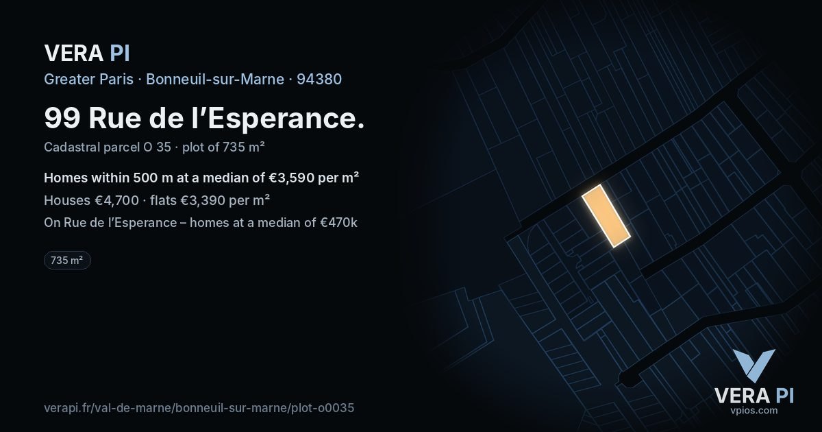 99 Rue de l’Esperance, Bonneuil-sur-Marne at night – the plot lit, the parcels around coloured by the prices near them