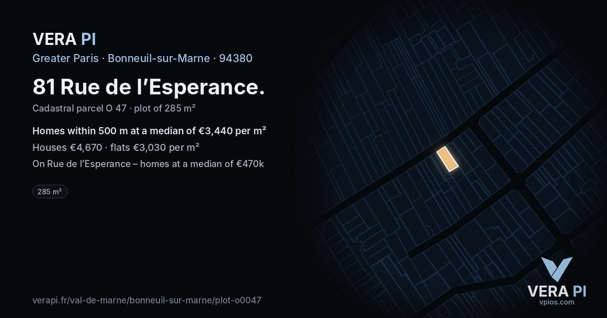 81 Rue de l’Esperance, Bonneuil-sur-Marne at night – the plot lit, the parcels around coloured by the prices near them