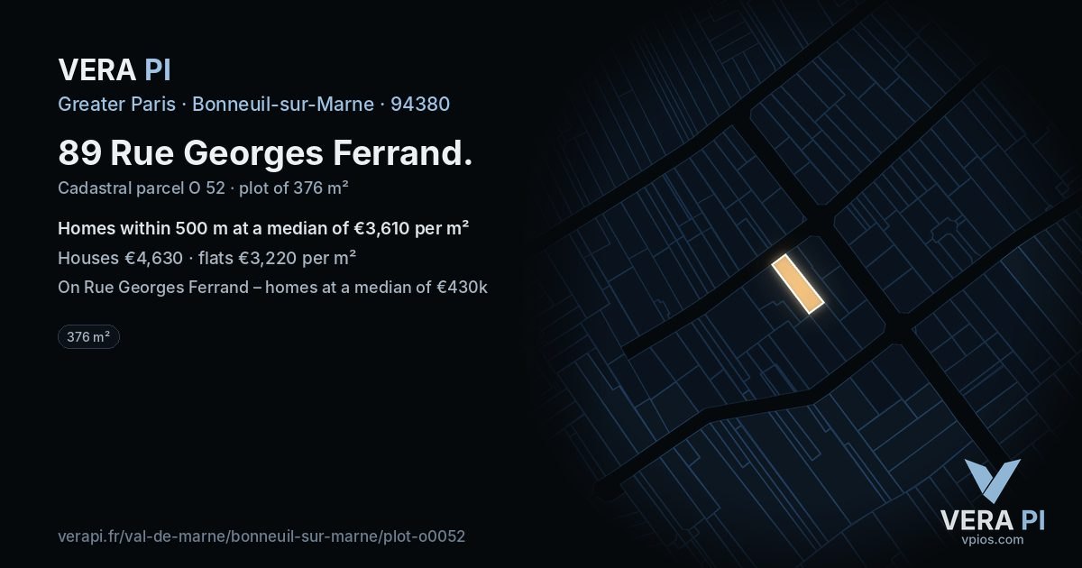 89 Rue Georges Ferrand, Bonneuil-sur-Marne at night – the plot lit, the parcels around coloured by the prices near them