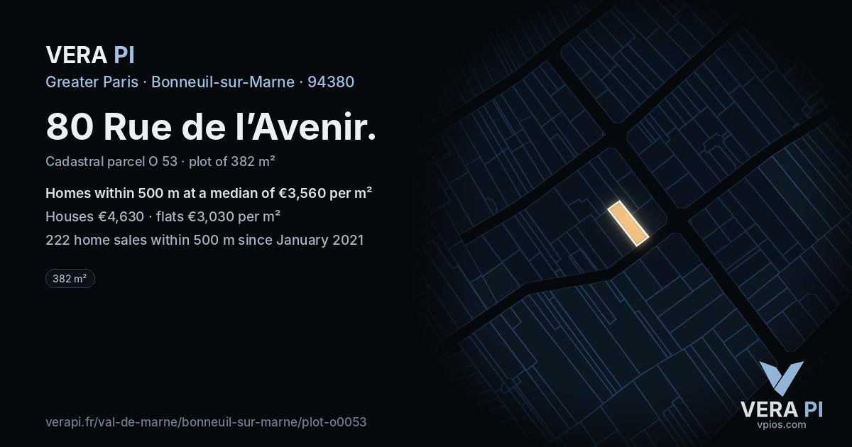 80 Rue de l’Avenir, Bonneuil-sur-Marne at night – the plot lit, the parcels around coloured by the prices near them