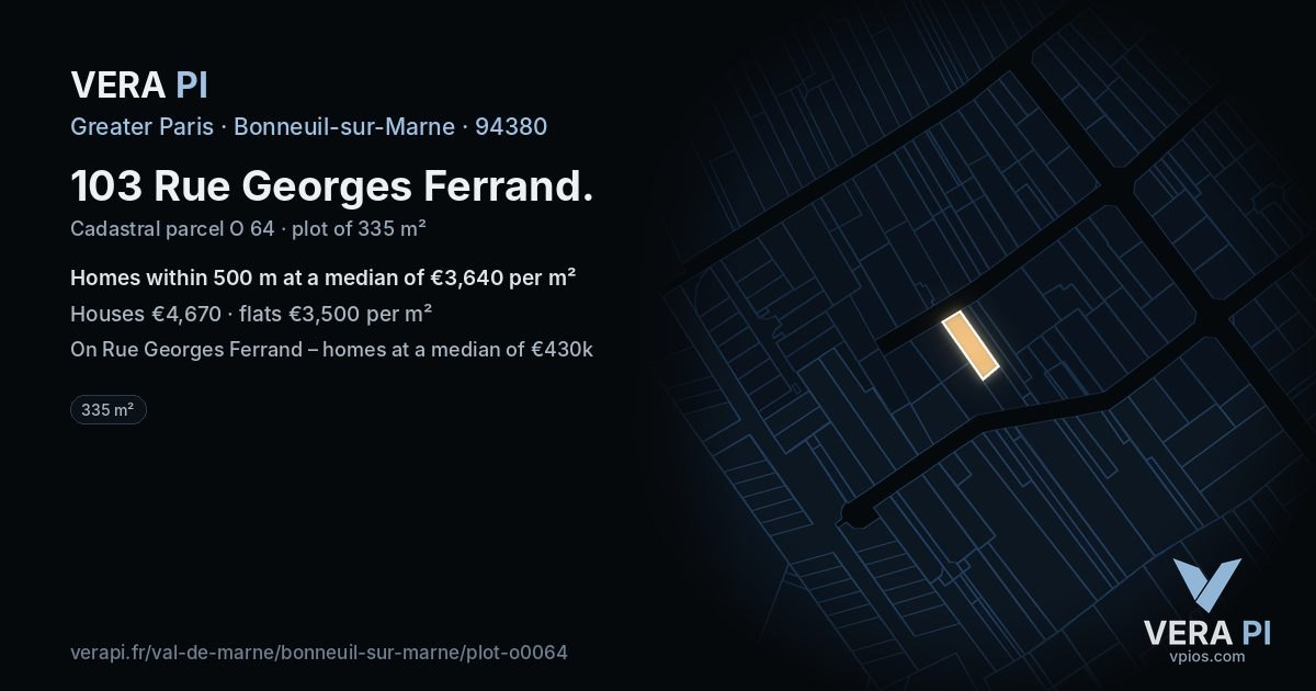 103 Rue Georges Ferrand, Bonneuil-sur-Marne at night – the plot lit, the parcels around coloured by the prices near them