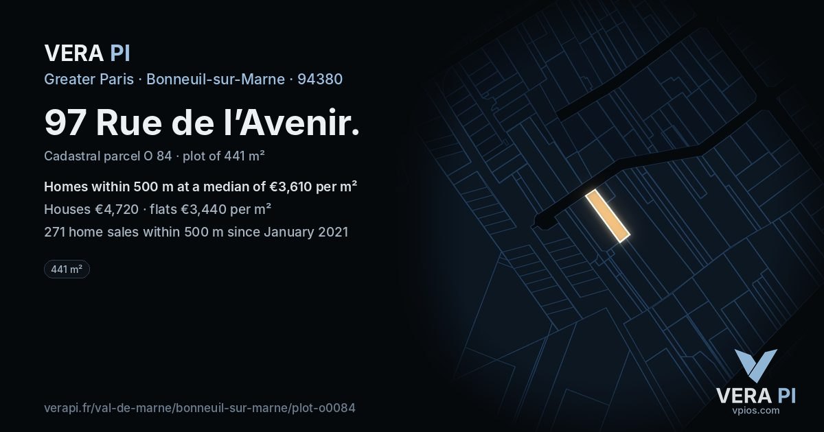 97 Rue de l’Avenir, Bonneuil-sur-Marne at night – the plot lit, the parcels around coloured by the prices near them
