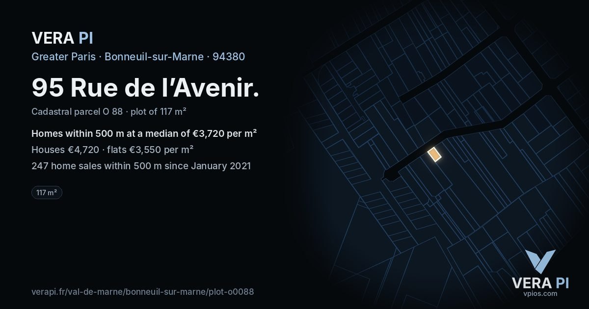 95 Rue de l’Avenir, Bonneuil-sur-Marne at night – the plot lit, the parcels around coloured by the prices near them