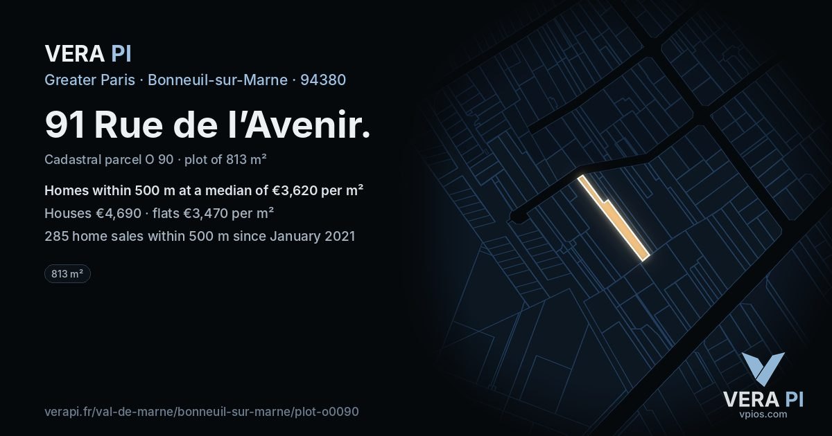 91 Rue de l’Avenir, Bonneuil-sur-Marne at night – the plot lit, the parcels around coloured by the prices near them
