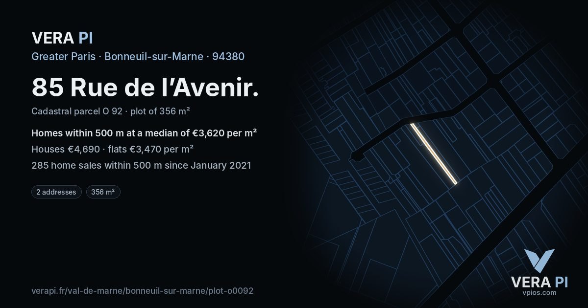85 Rue de l’Avenir, Bonneuil-sur-Marne at night – the plot lit, the parcels around coloured by the prices near them