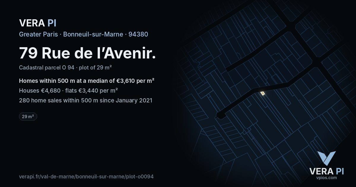 79 Rue de l’Avenir, Bonneuil-sur-Marne at night – the plot lit, the parcels around coloured by the prices near them
