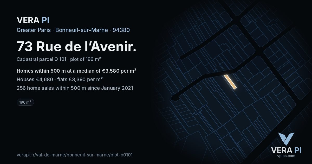 73 Rue de l’Avenir, Bonneuil-sur-Marne at night – the plot lit, the parcels around coloured by the prices near them