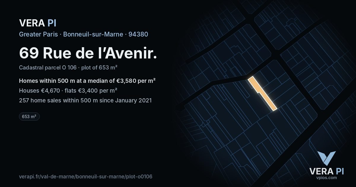 69 Rue de l’Avenir, Bonneuil-sur-Marne at night – the plot lit, the parcels around coloured by the prices near them