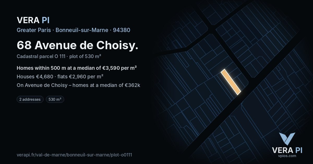 68 Avenue de Choisy, Bonneuil-sur-Marne at night – the plot lit, the parcels around coloured by the prices near them