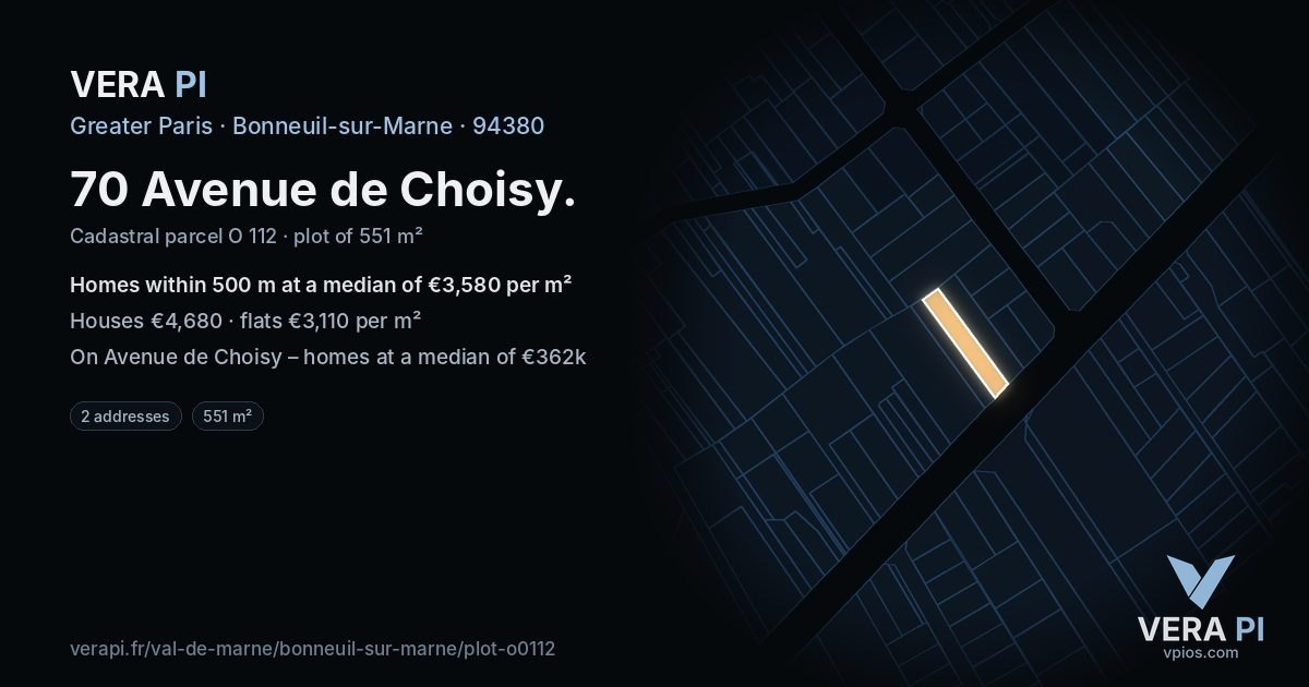 70 Avenue de Choisy, Bonneuil-sur-Marne at night – the plot lit, the parcels around coloured by the prices near them