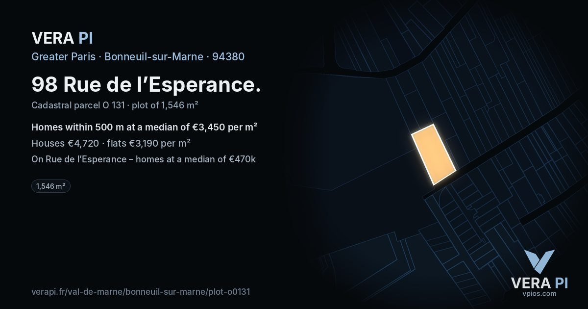 98 Rue de l’Esperance, Bonneuil-sur-Marne at night – the plot lit, the parcels around coloured by the prices near them