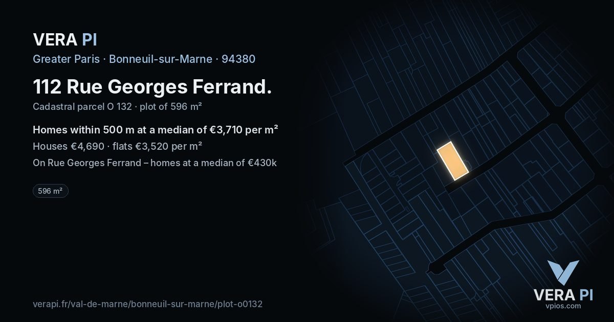 112 Rue Georges Ferrand, Bonneuil-sur-Marne at night – the plot lit, the parcels around coloured by the prices near them