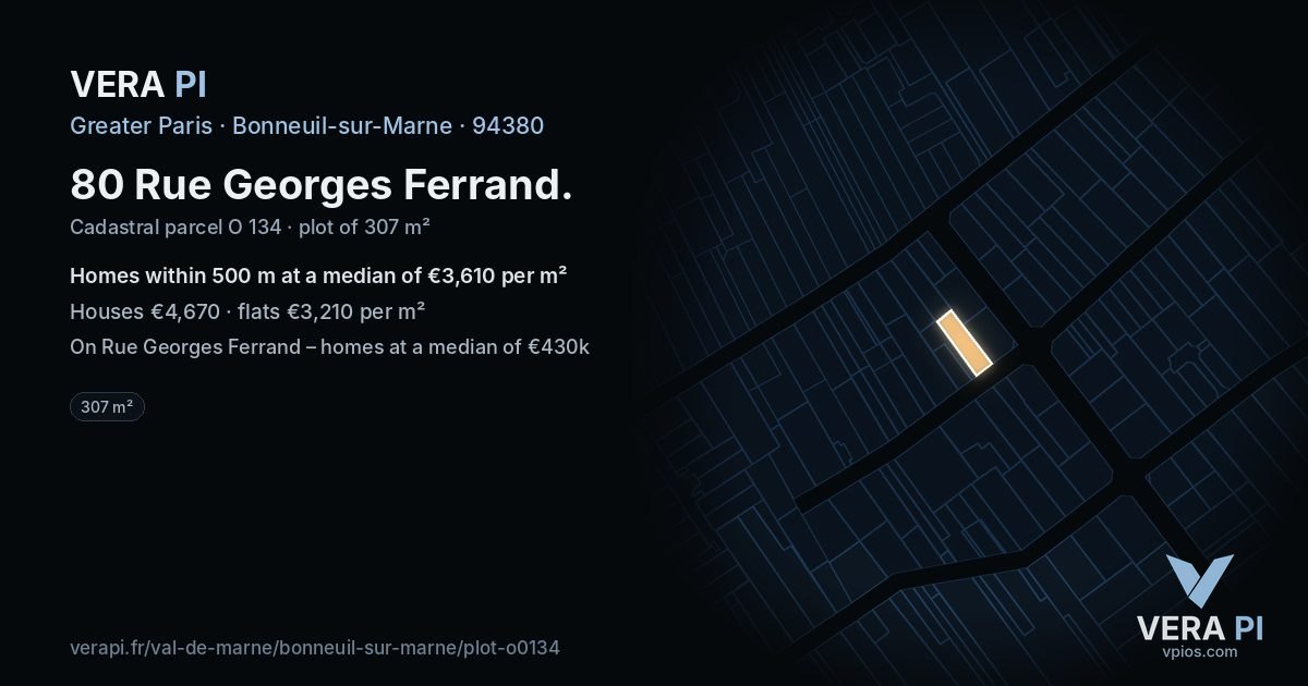 80 Rue Georges Ferrand, Bonneuil-sur-Marne at night – the plot lit, the parcels around coloured by the prices near them