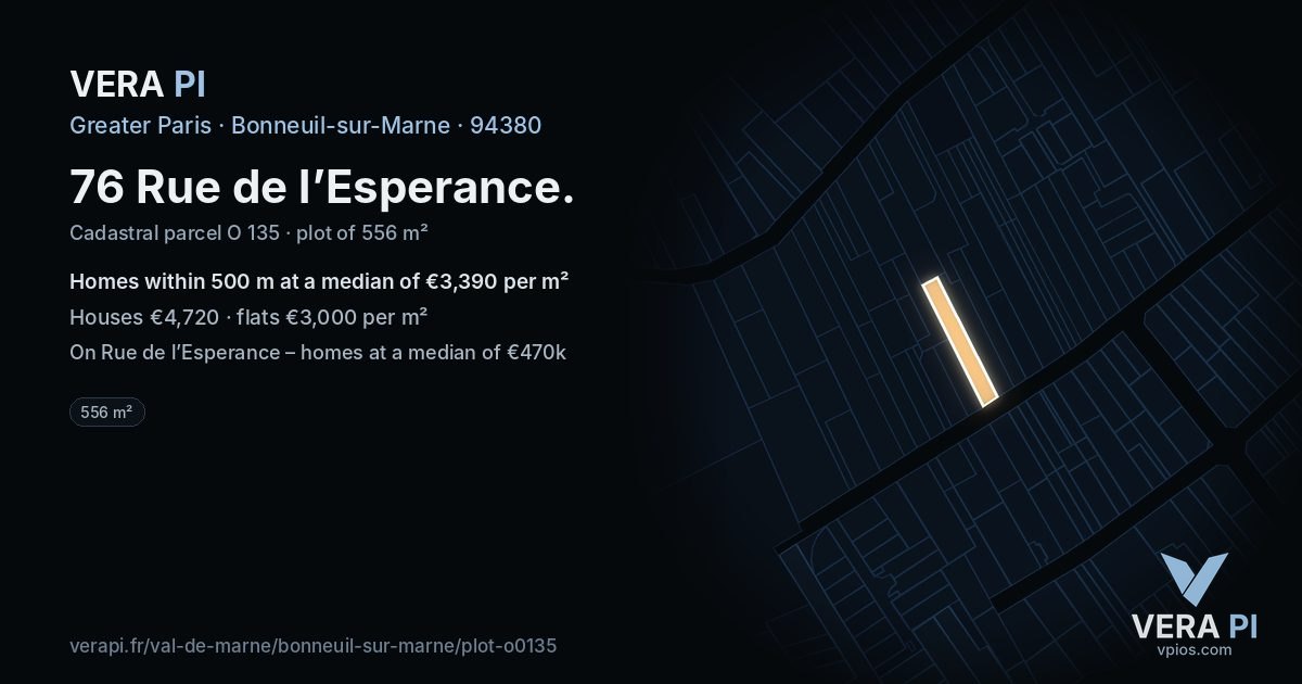 76 Rue de l’Esperance, Bonneuil-sur-Marne at night – the plot lit, the parcels around coloured by the prices near them