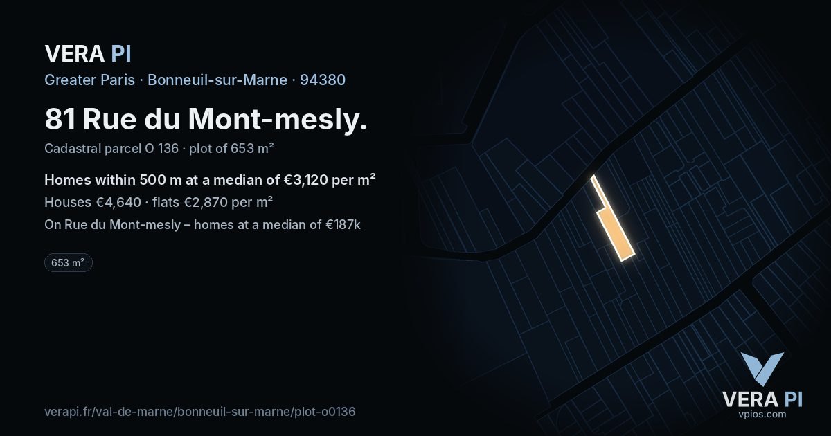 81 Rue du Mont-mesly, Bonneuil-sur-Marne at night – the plot lit, the parcels around coloured by the prices near them