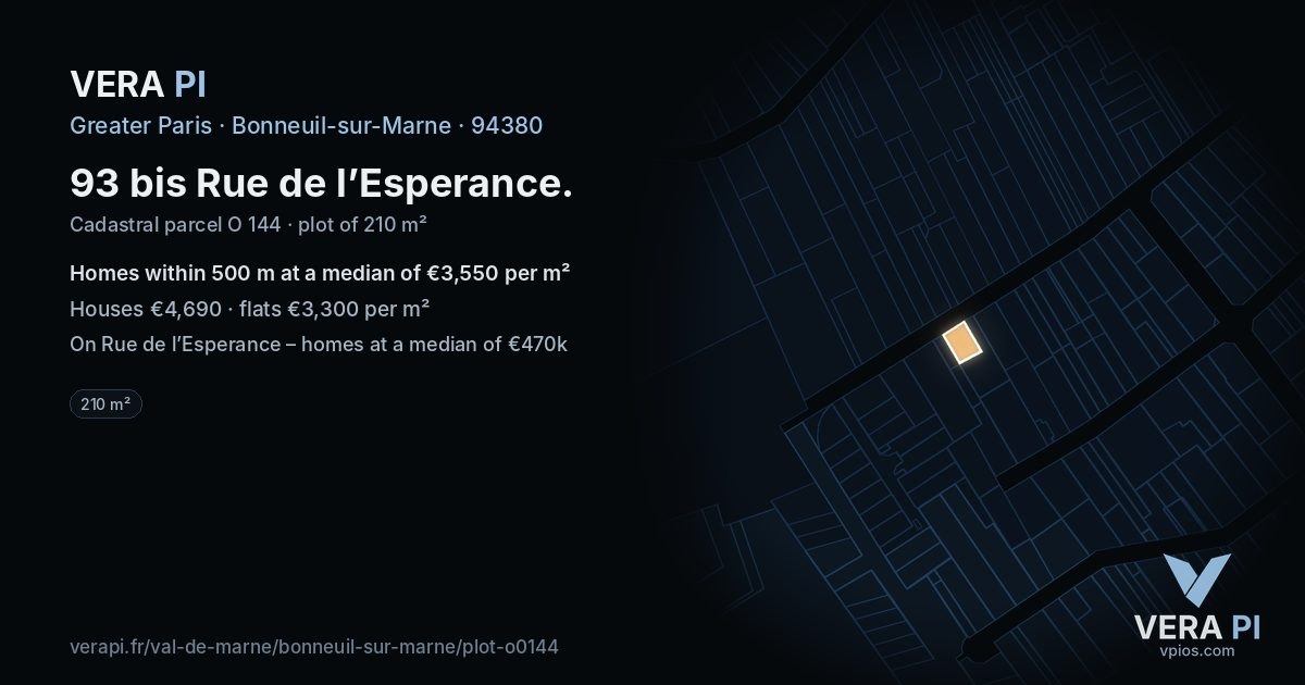 93 bis Rue de l’Esperance, Bonneuil-sur-Marne at night – the plot lit, the parcels around coloured by the prices near them