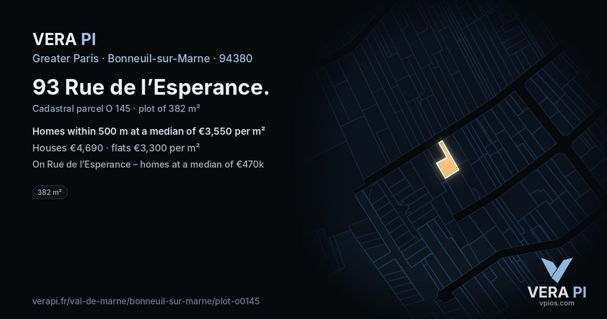 93 Rue de l’Esperance, Bonneuil-sur-Marne at night – the plot lit, the parcels around coloured by the prices near them