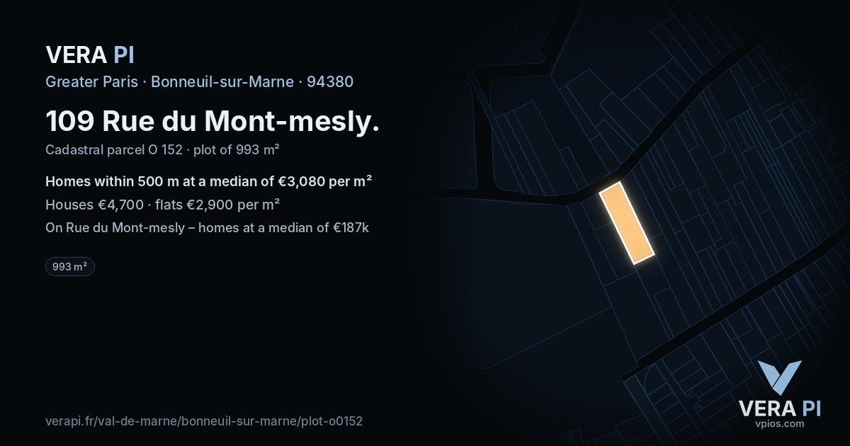 109 Rue du Mont-mesly, Bonneuil-sur-Marne at night – the plot lit, the parcels around coloured by the prices near them