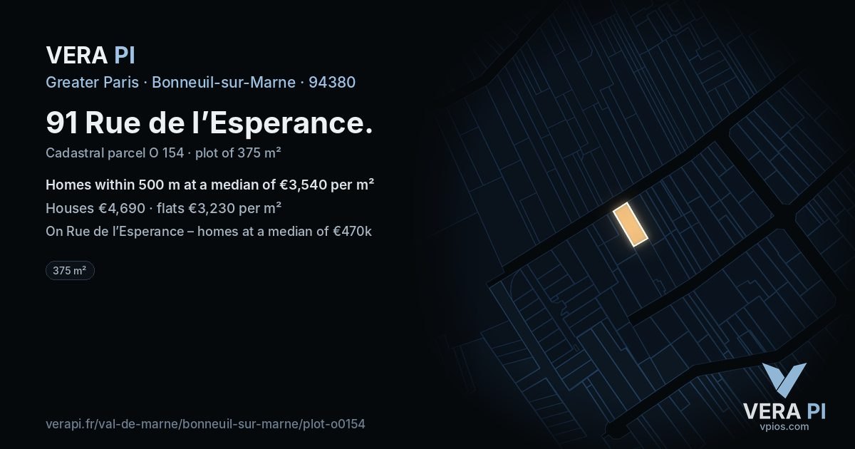 91 Rue de l’Esperance, Bonneuil-sur-Marne at night – the plot lit, the parcels around coloured by the prices near them