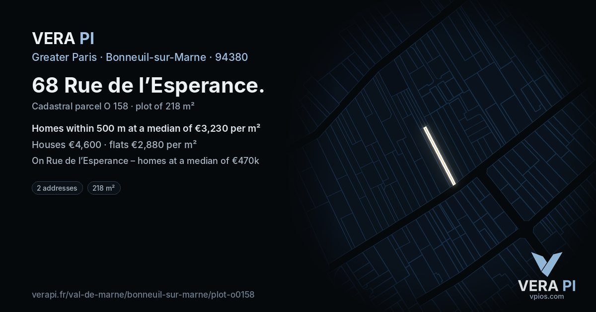68 Rue de l’Esperance, Bonneuil-sur-Marne at night – the plot lit, the parcels around coloured by the prices near them