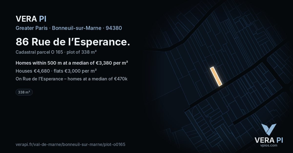 86 Rue de l’Esperance, Bonneuil-sur-Marne at night – the plot lit, the parcels around coloured by the prices near them