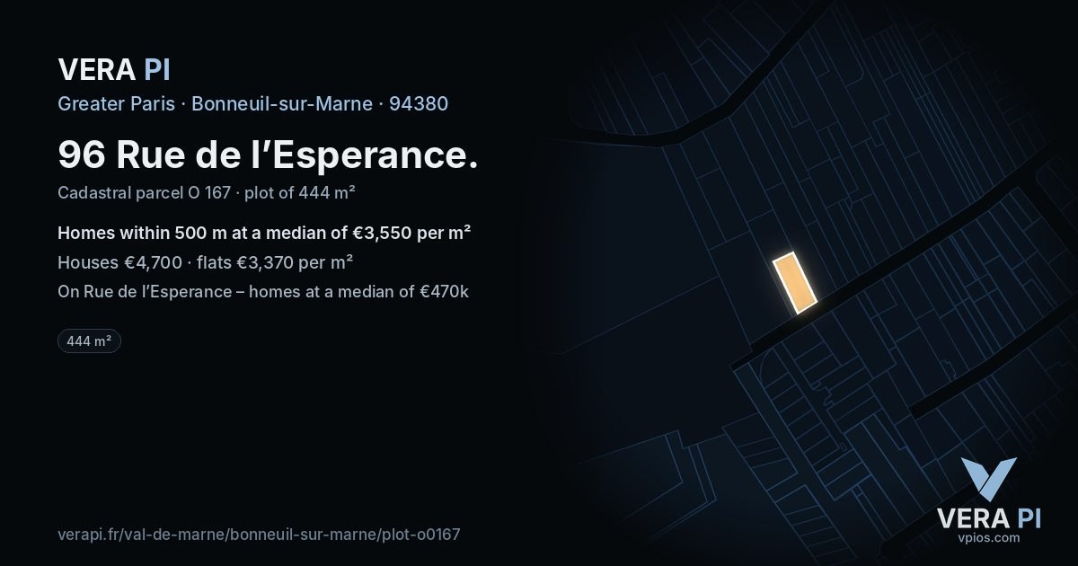 96 Rue de l’Esperance, Bonneuil-sur-Marne at night – the plot lit, the parcels around coloured by the prices near them
