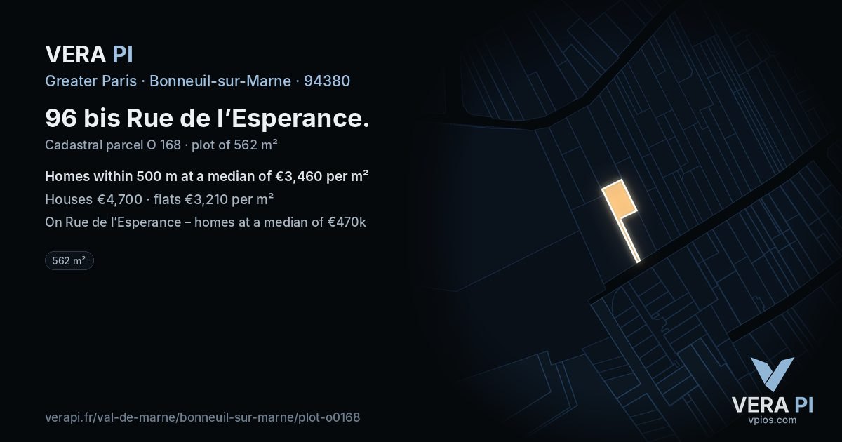 96 bis Rue de l’Esperance, Bonneuil-sur-Marne at night – the plot lit, the parcels around coloured by the prices near them