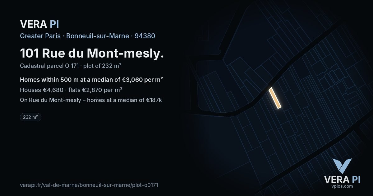 101 Rue du Mont-mesly, Bonneuil-sur-Marne at night – the plot lit, the parcels around coloured by the prices near them