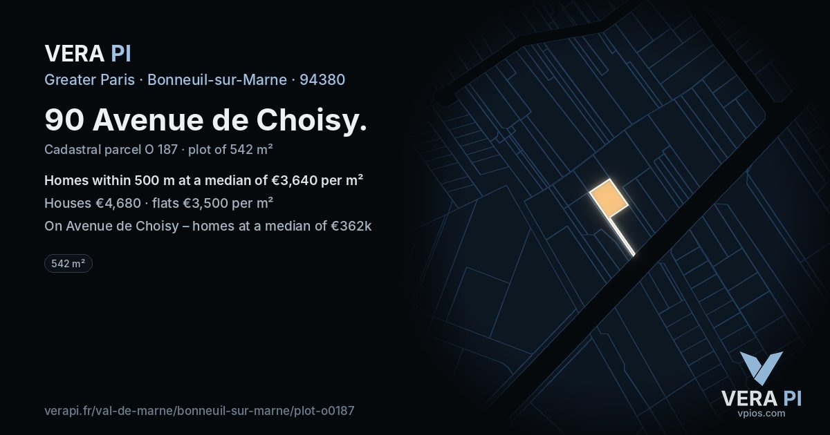 90 Avenue de Choisy, Bonneuil-sur-Marne at night – the plot lit, the parcels around coloured by the prices near them