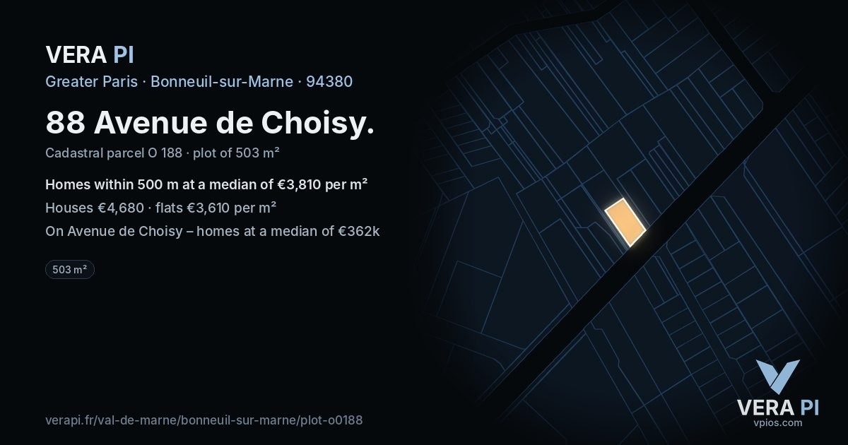 88 Avenue de Choisy, Bonneuil-sur-Marne at night – the plot lit, the parcels around coloured by the prices near them