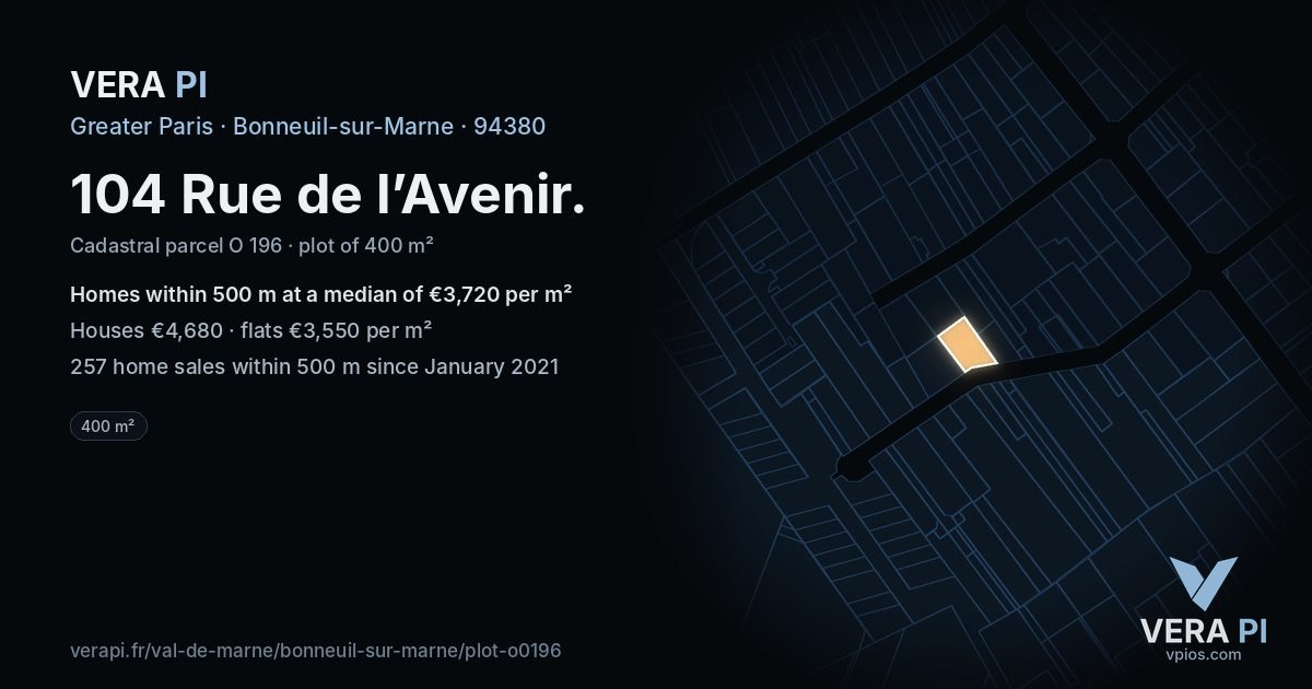 104 Rue de l’Avenir, Bonneuil-sur-Marne at night – the plot lit, the parcels around coloured by the prices near them