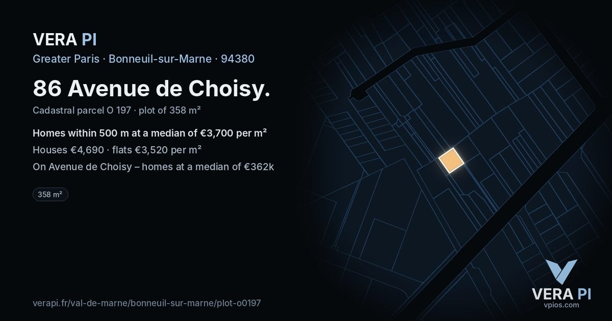 86 Avenue de Choisy, Bonneuil-sur-Marne at night – the plot lit, the parcels around coloured by the prices near them
