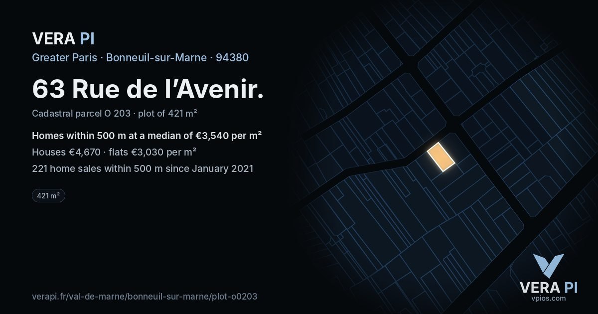 63 Rue de l’Avenir, Bonneuil-sur-Marne at night – the plot lit, the parcels around coloured by the prices near them