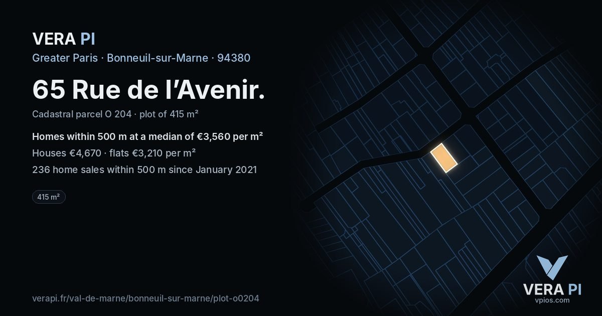 65 Rue de l’Avenir, Bonneuil-sur-Marne at night – the plot lit, the parcels around coloured by the prices near them