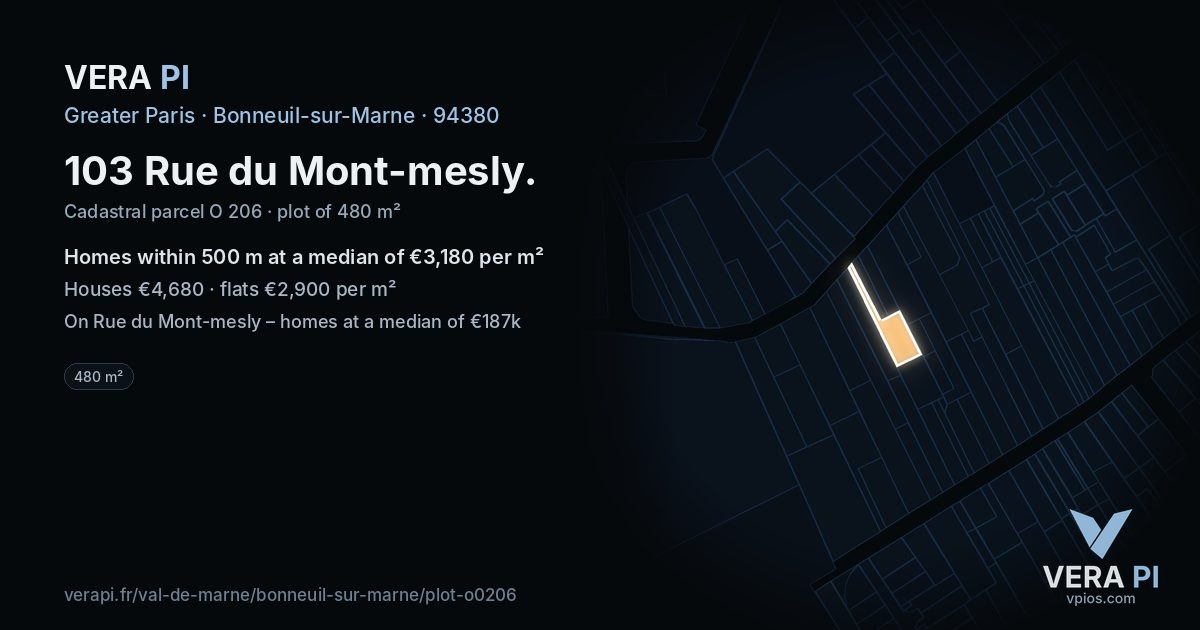 103 Rue du Mont-mesly, Bonneuil-sur-Marne at night – the plot lit, the parcels around coloured by the prices near them