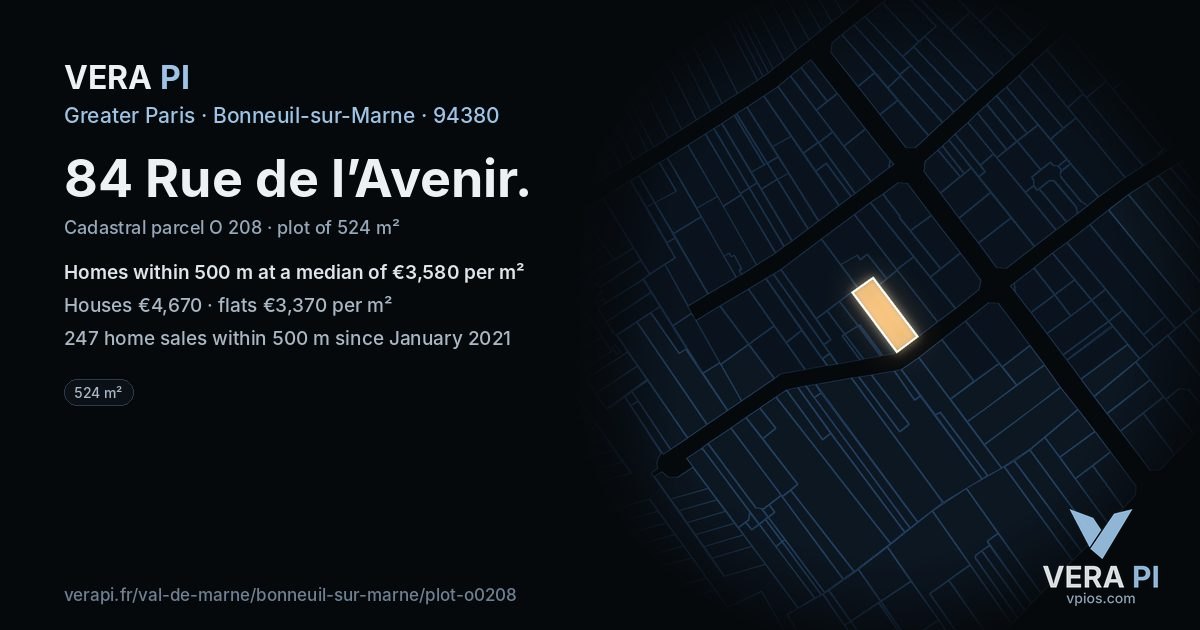 84 Rue de l’Avenir, Bonneuil-sur-Marne at night – the plot lit, the parcels around coloured by the prices near them