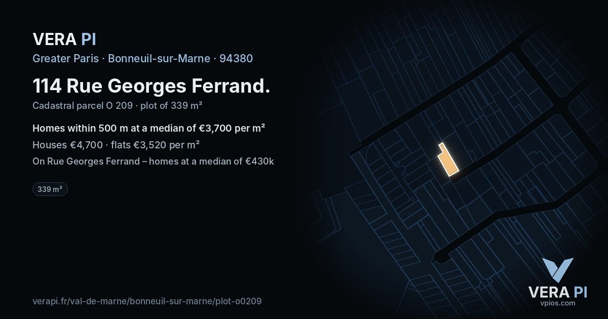 114 Rue Georges Ferrand, Bonneuil-sur-Marne at night – the plot lit, the parcels around coloured by the prices near them