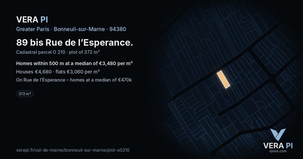 89 bis Rue de l’Esperance, Bonneuil-sur-Marne at night – the plot lit, the parcels around coloured by the prices near them