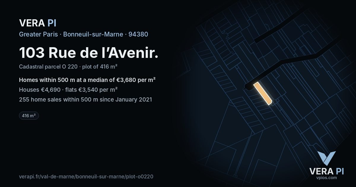 103 Rue de l’Avenir, Bonneuil-sur-Marne at night – the plot lit, the parcels around coloured by the prices near them