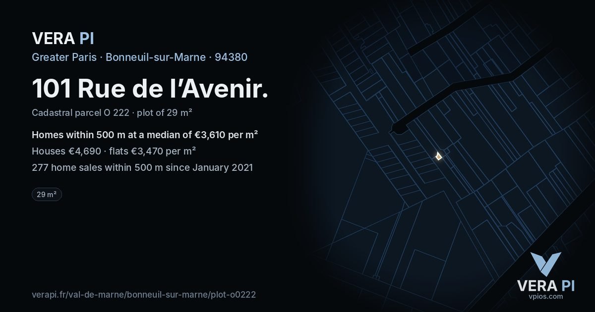101 Rue de l’Avenir, Bonneuil-sur-Marne at night – the plot lit, the parcels around coloured by the prices near them