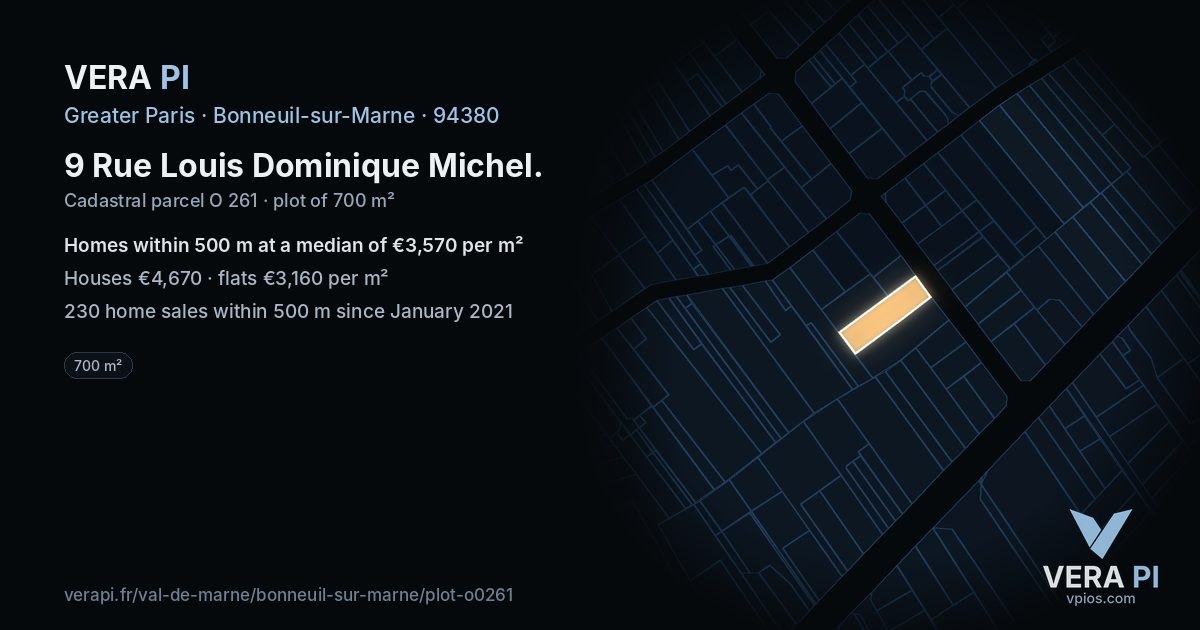 9 Rue Louis Dominique Michel, Bonneuil-sur-Marne at night – the plot lit, the parcels around coloured by the prices near them