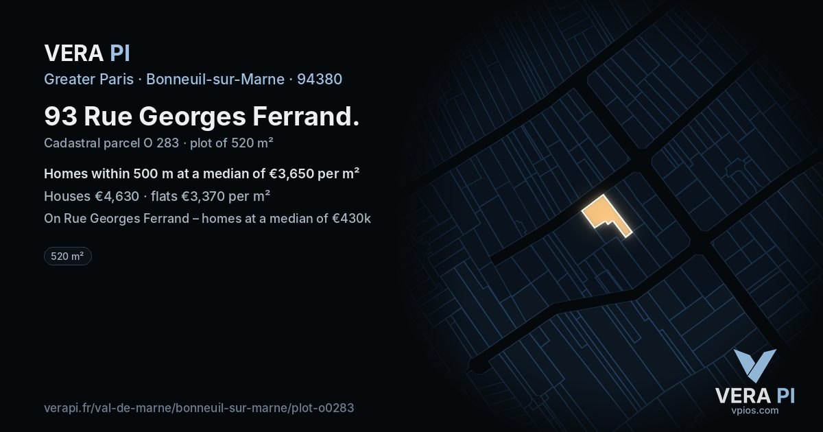 93 Rue Georges Ferrand, Bonneuil-sur-Marne at night – the plot lit, the parcels around coloured by the prices near them