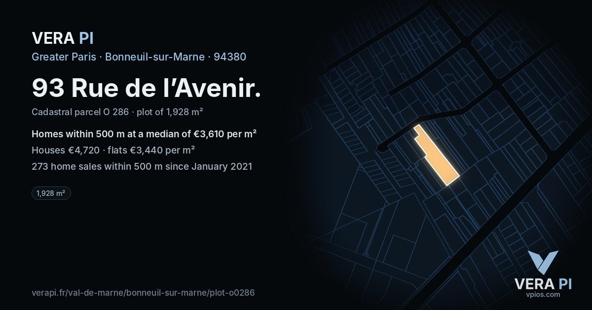 93 Rue de l’Avenir, Bonneuil-sur-Marne at night – the plot lit, the parcels around coloured by the prices near them
