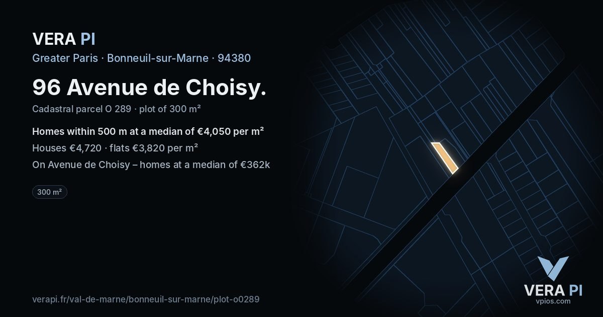 96 Avenue de Choisy, Bonneuil-sur-Marne at night – the plot lit, the parcels around coloured by the prices near them