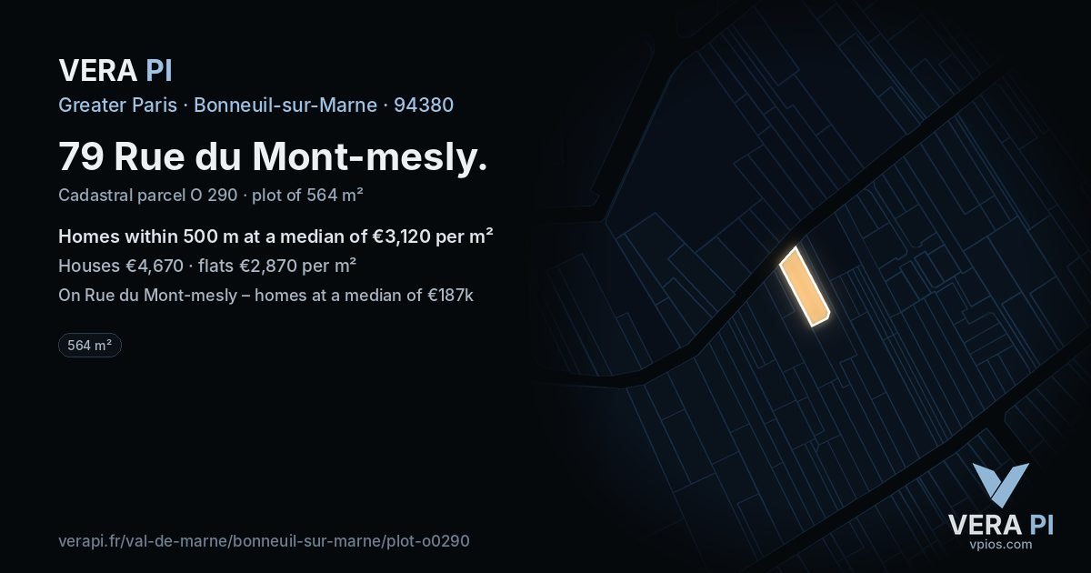 79 Rue du Mont-mesly, Bonneuil-sur-Marne at night – the plot lit, the parcels around coloured by the prices near them