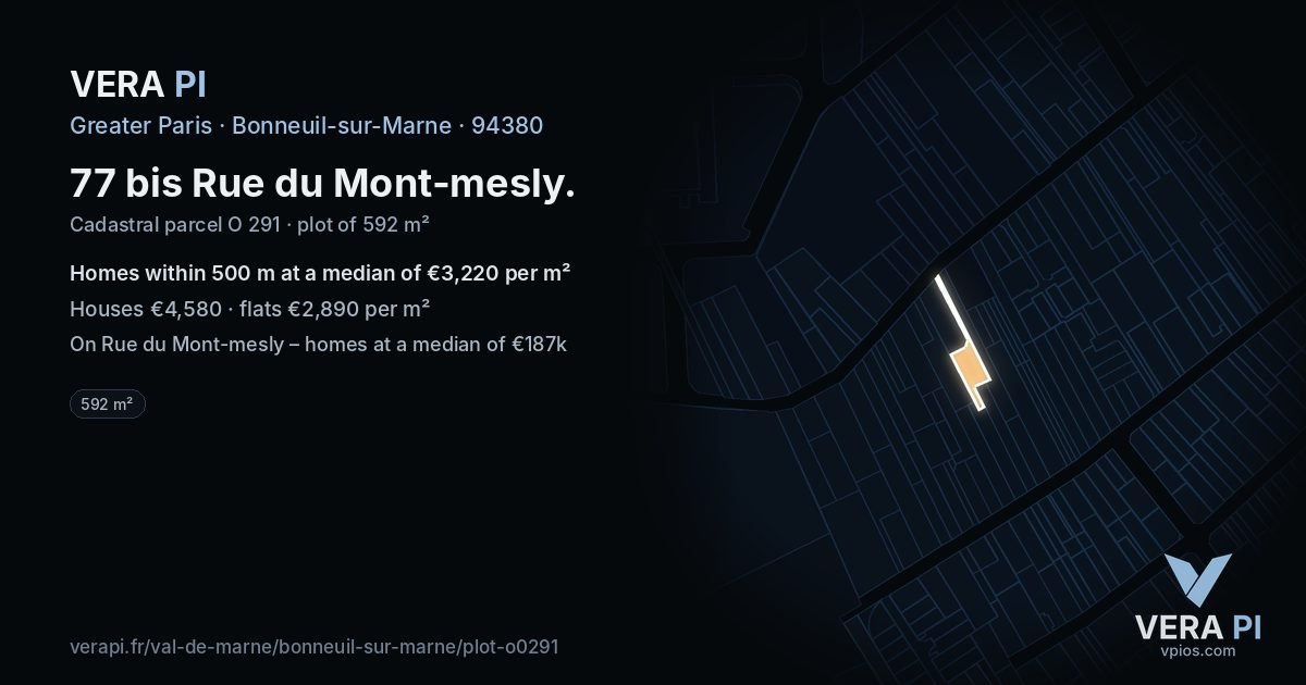 77 bis Rue du Mont-mesly, Bonneuil-sur-Marne at night – the plot lit, the parcels around coloured by the prices near them