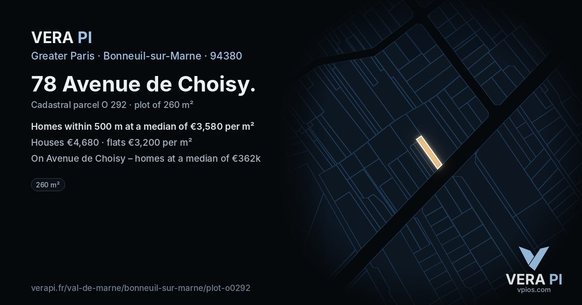 78 Avenue de Choisy, Bonneuil-sur-Marne at night – the plot lit, the parcels around coloured by the prices near them