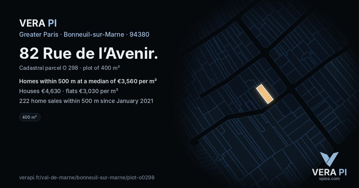 82 Rue de l’Avenir, Bonneuil-sur-Marne at night – the plot lit, the parcels around coloured by the prices near them