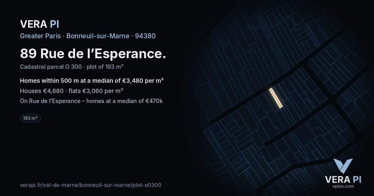 89 Rue de l’Esperance, Bonneuil-sur-Marne at night – the plot lit, the parcels around coloured by the prices near them