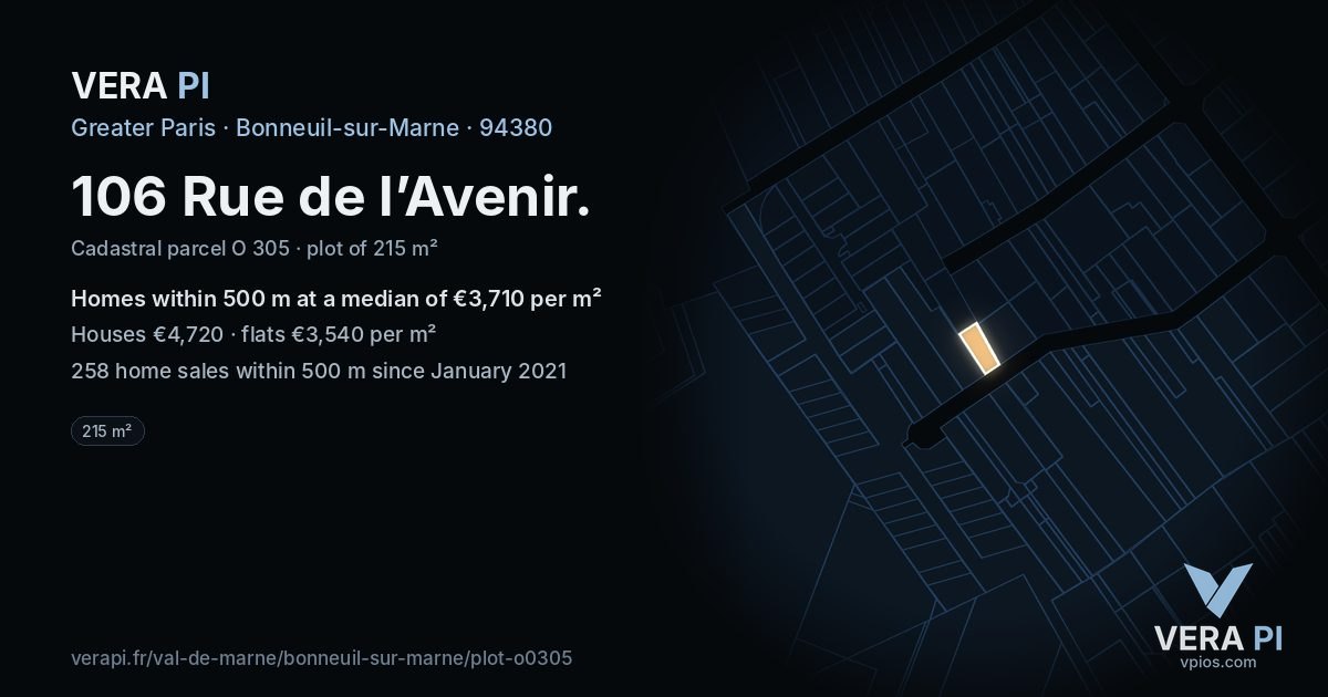 106 Rue de l’Avenir, Bonneuil-sur-Marne at night – the plot lit, the parcels around coloured by the prices near them